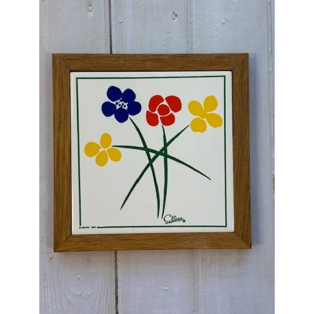 Vintage 1983 Himark Saltera Framed Floral Tile Trivet Blue Red Yellow Flowers